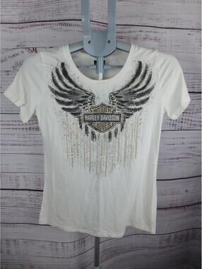 Harley-Davidson Women's White Winged Logo Graphic T-Shirt Size Sm Rhinestone K5